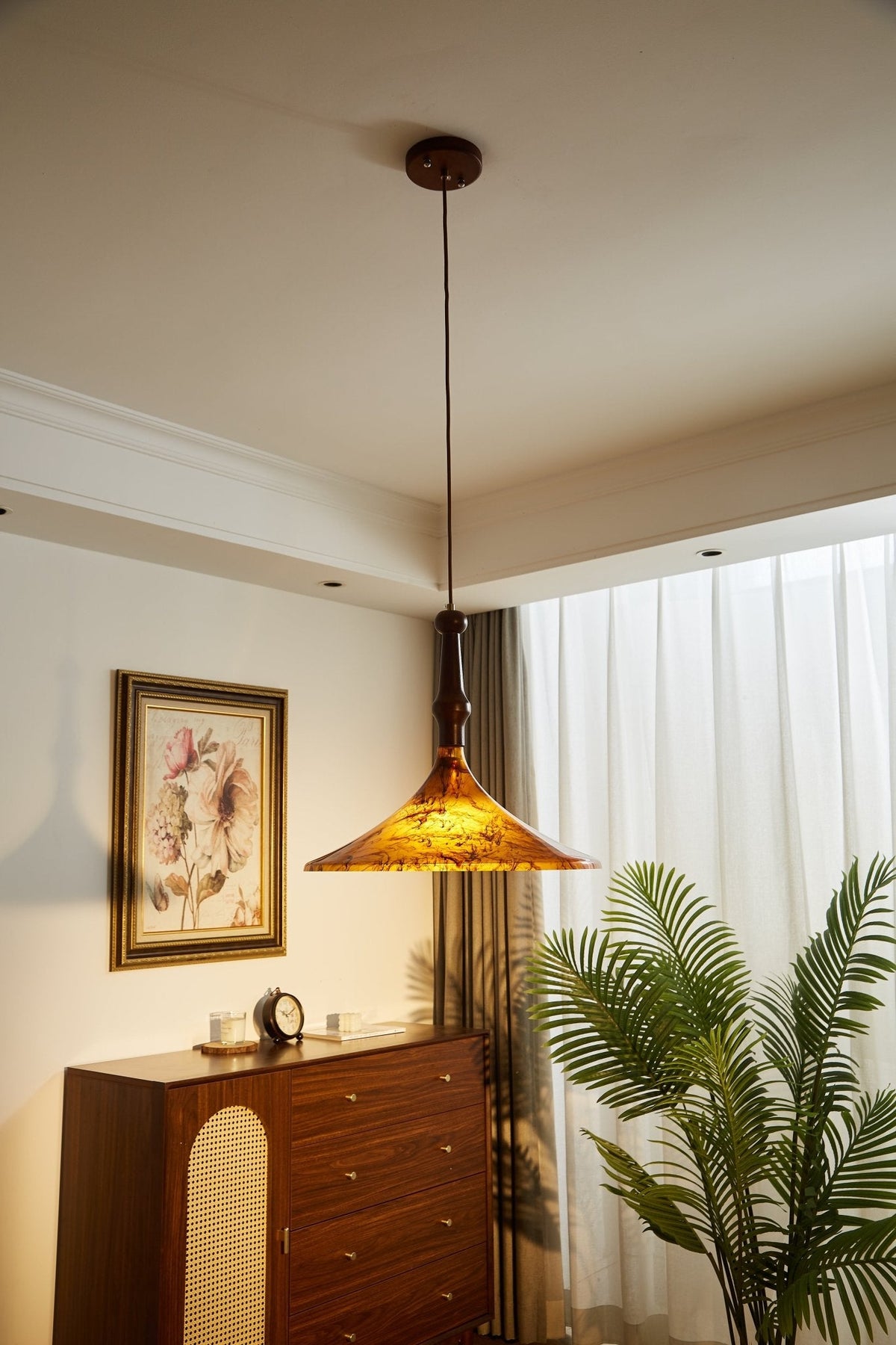 Marcona Wood & Amber Glass Pendant Light for Dining and Living Spaces