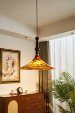 Marcona Wood & Amber Glass Pendant Light for Dining and Living Spaces
