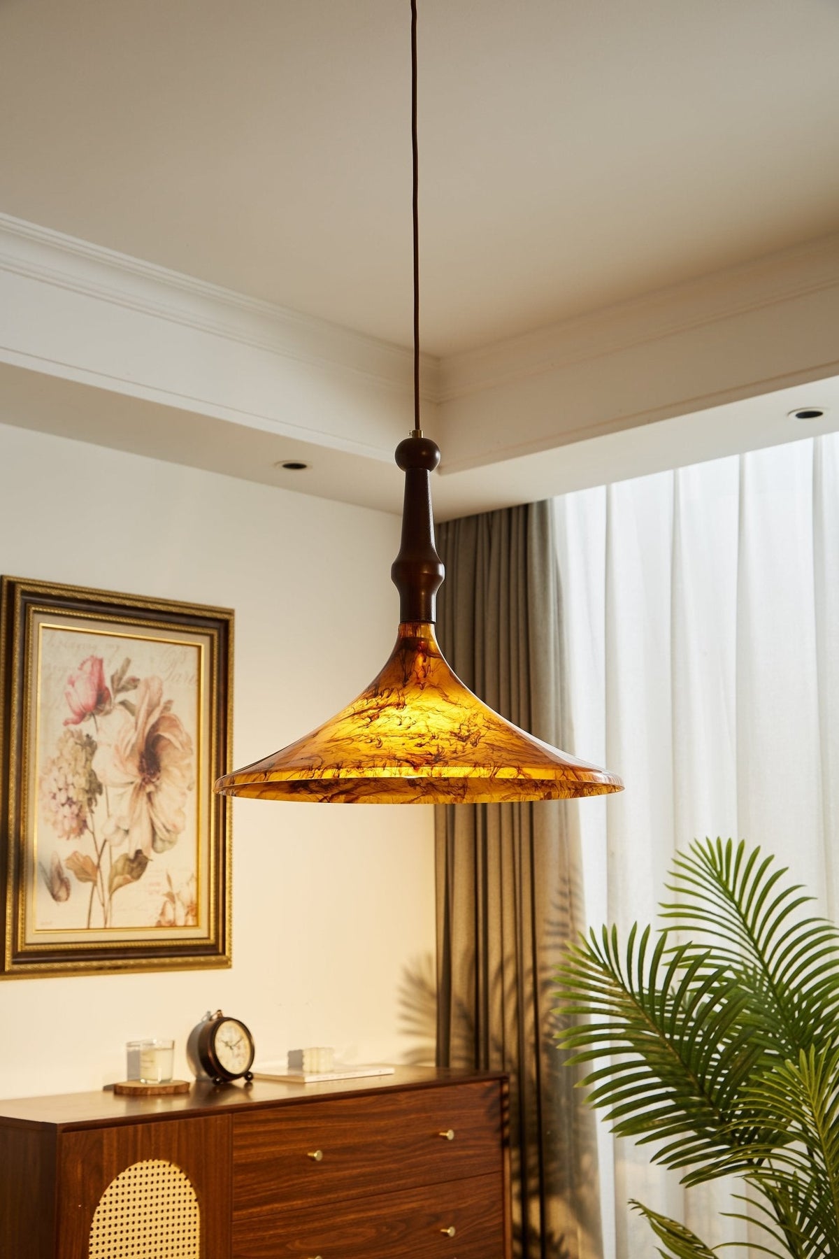 Marcona Wood & Amber Glass Pendant Light for Dining and Living Spaces