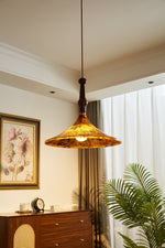 Marcona Wood & Amber Glass Pendant Light for Dining and Living Spaces
