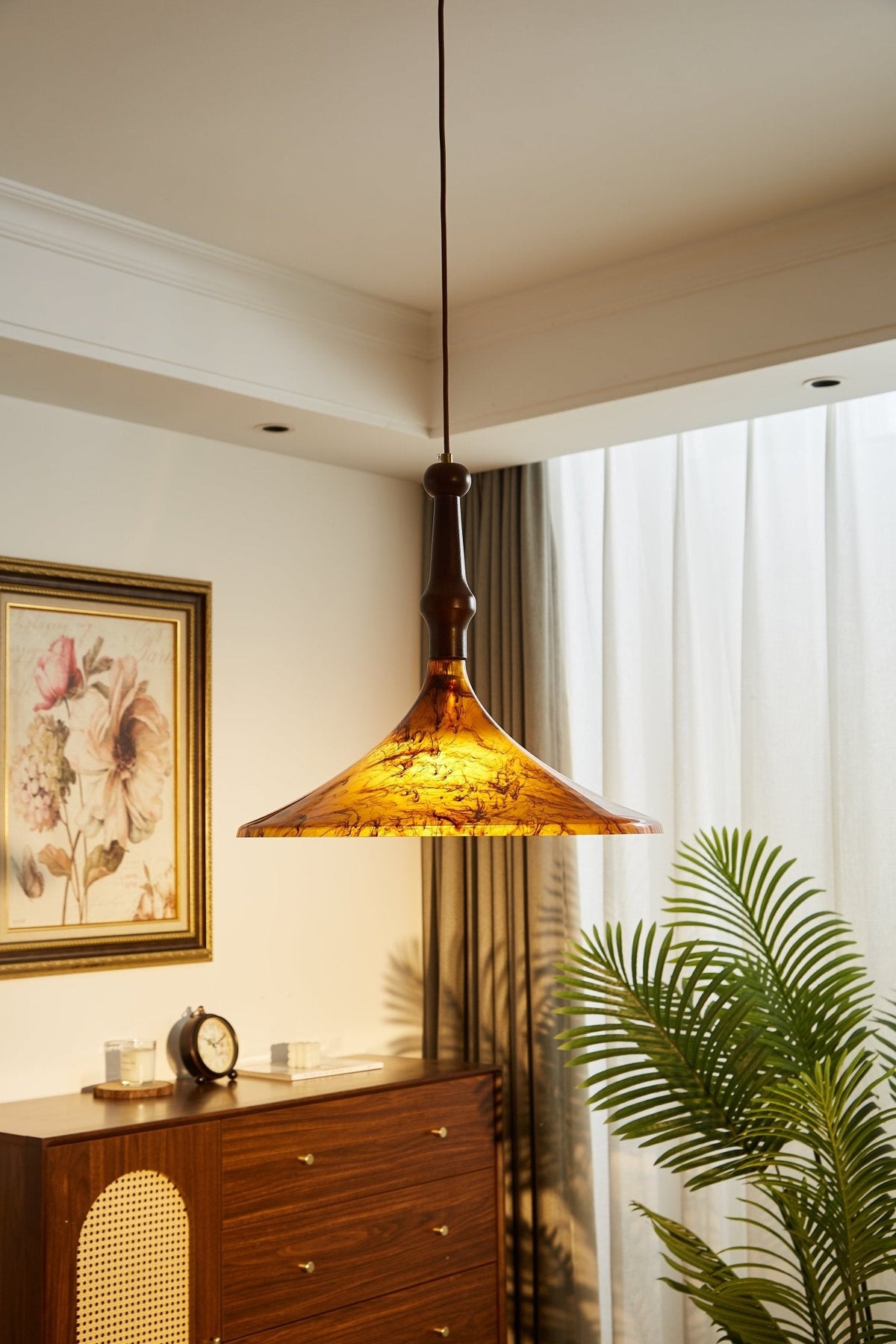 Marcona Wood & Amber Glass Pendant Light for Dining and Living Spaces