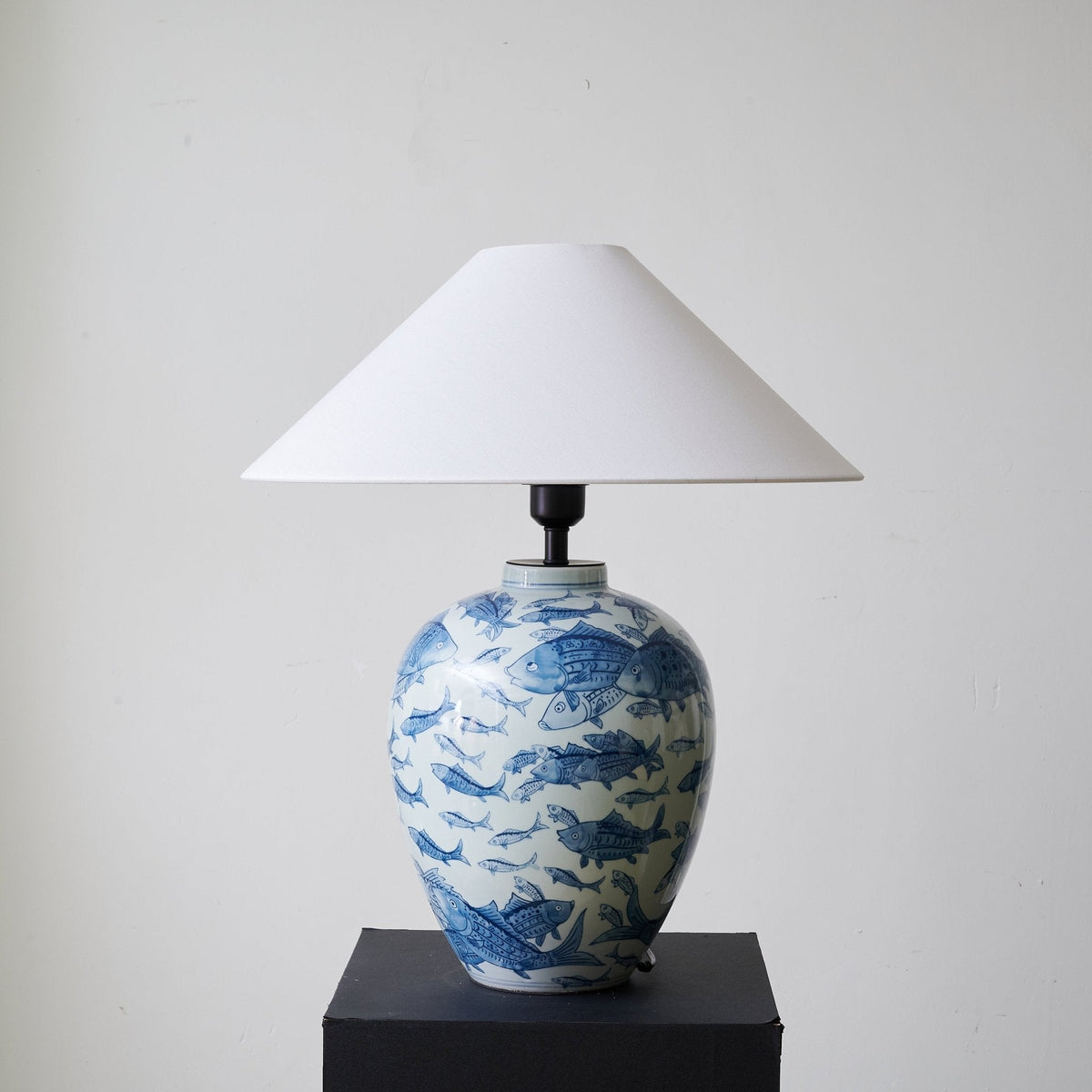 Marina Porcelain Table Lamp with Hand-Painted Fish Motif and Linen Shade