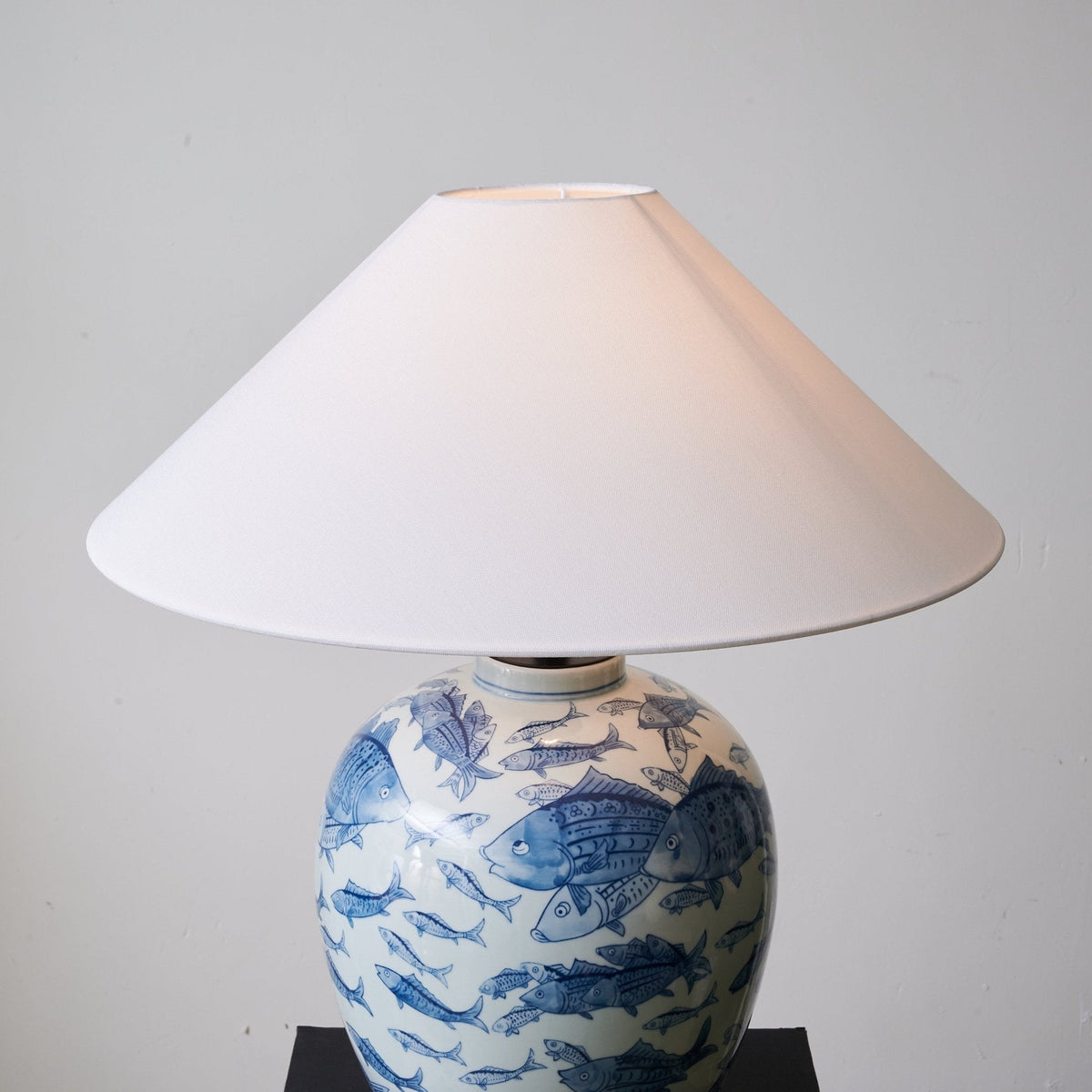 Marina Porcelain Table Lamp with Hand-Painted Fish Motif and Linen Shade