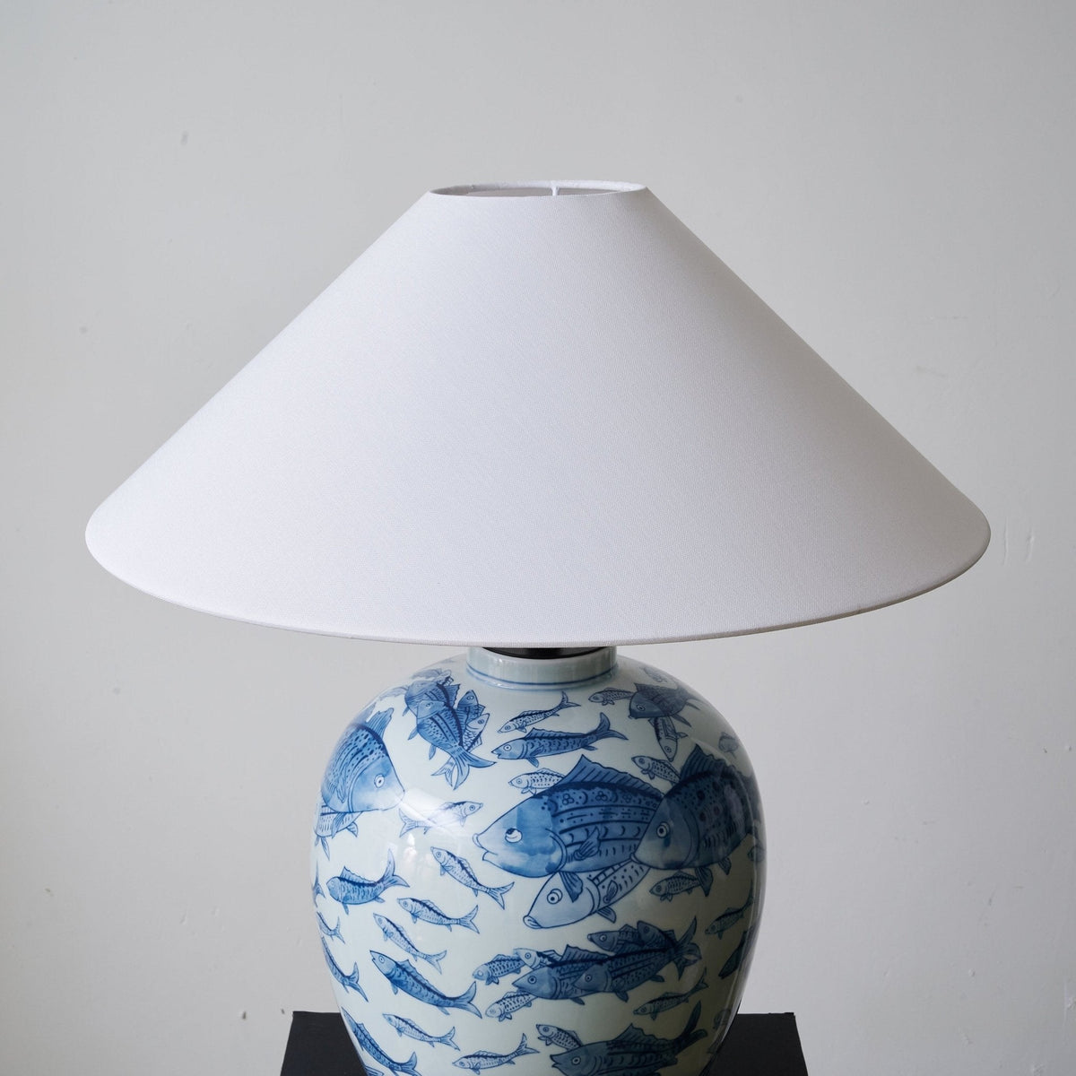 Marina Porcelain Table Lamp with Hand-Painted Fish Motif and Linen Shade