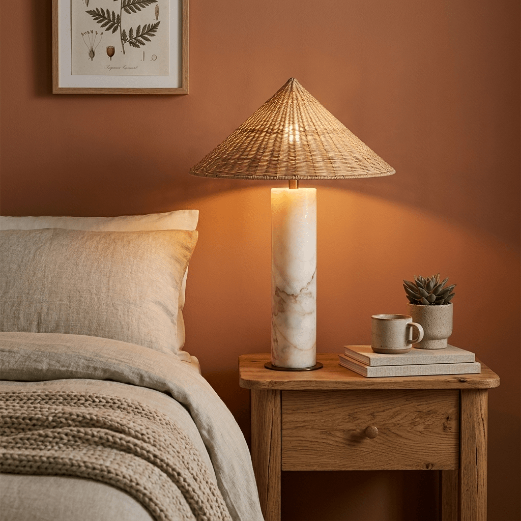Marisol Natural Marble Table Lamp with Rattan Shade