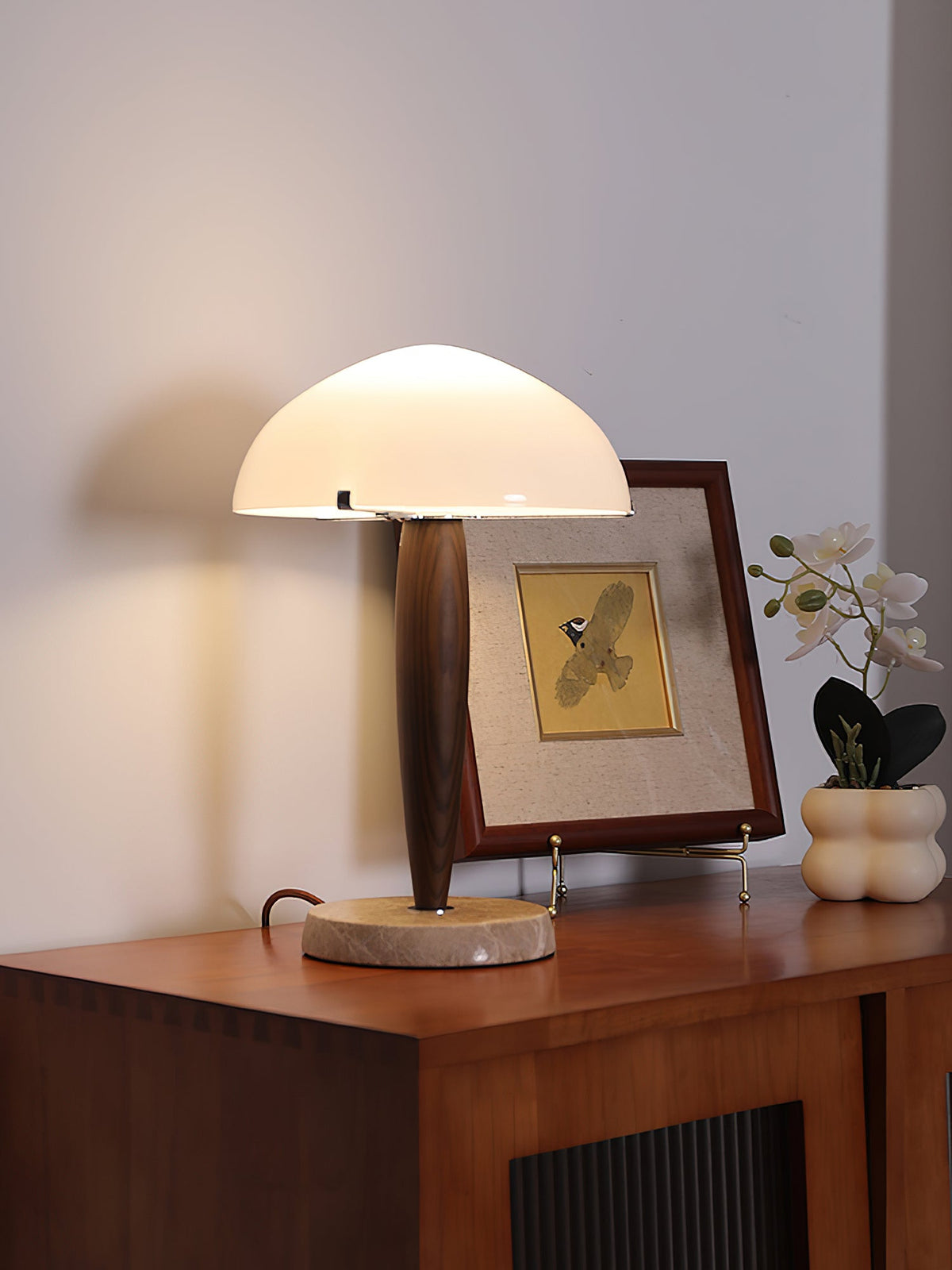 Marlo Dome Table Lamp in Walnut and Marble, Modern Designer Lighting