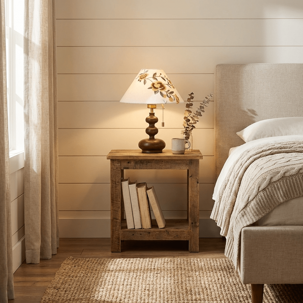 Marlowe Bloom Table Lamp – Art Shade Wooden Bedside Light