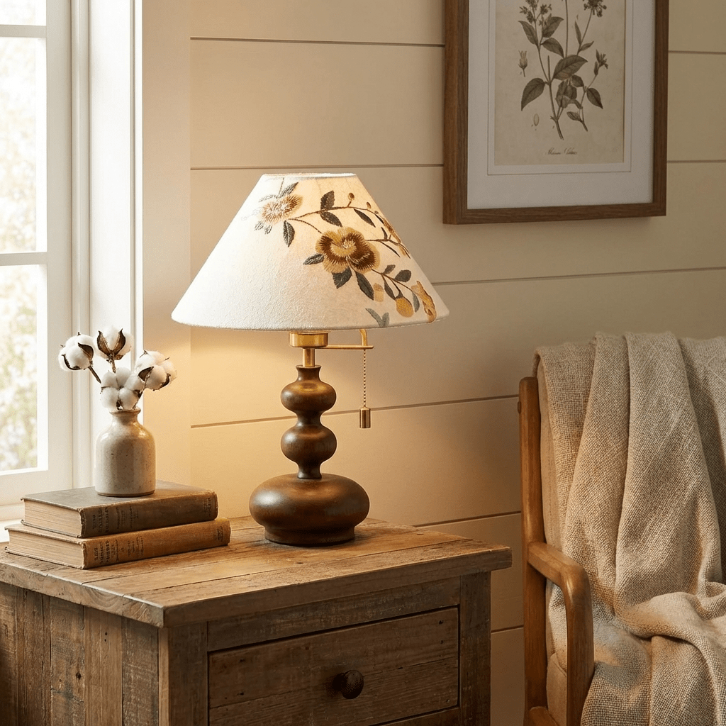 Marlowe Bloom Table Lamp – Art Shade Wooden Bedside Light