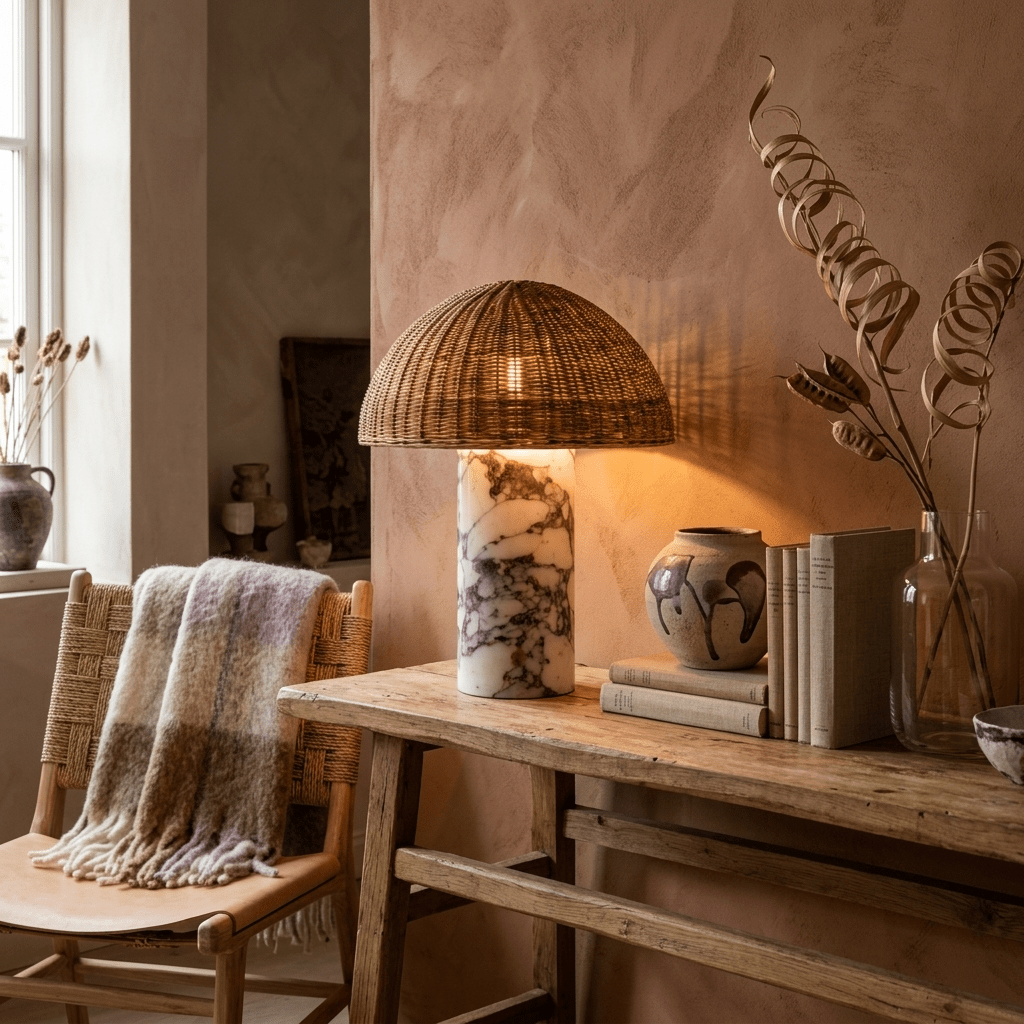 Maroqa Handwoven Rattan Table Lamp with Marble Base