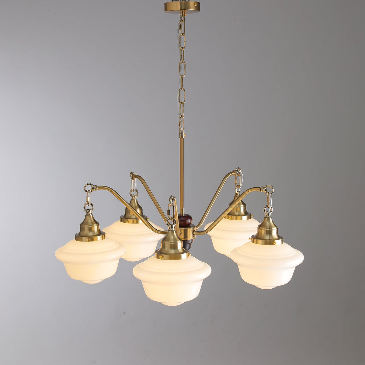 Marquette Modern Gold Chandelier with Frosted Glass Globes and Wood Accents