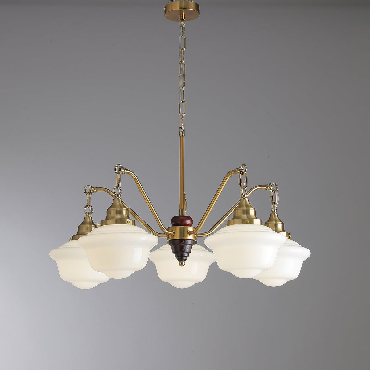 Marquette Modern Gold Chandelier with Frosted Glass Globes and Wood Accents
