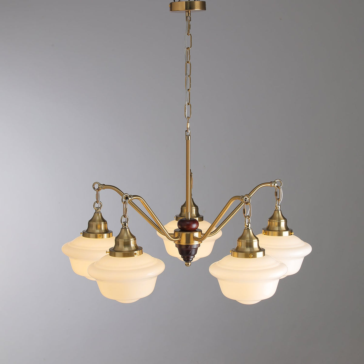 Marquette Modern Gold Chandelier with Frosted Glass Globes and Wood Accents