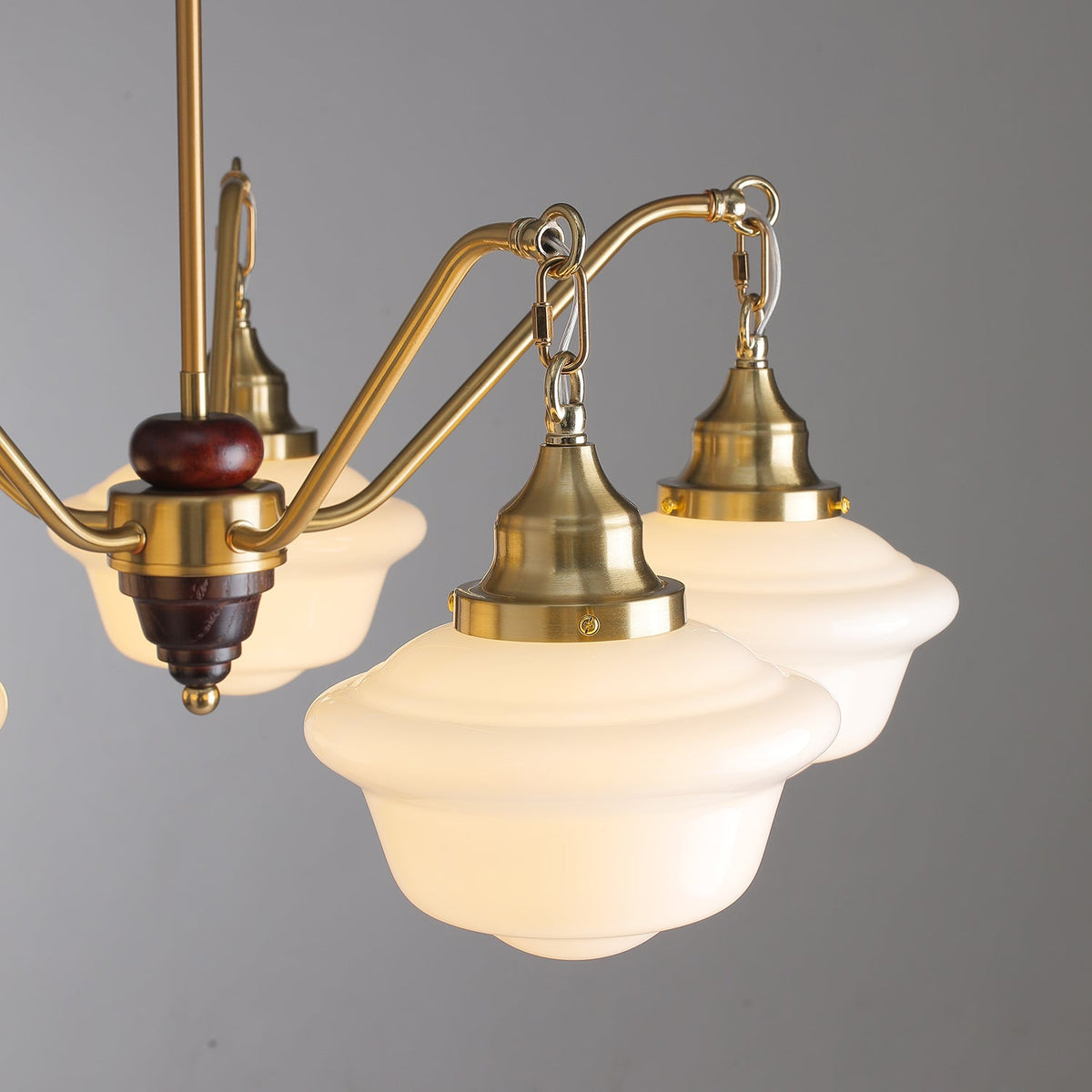 Marquette Modern Gold Chandelier with Frosted Glass Globes and Wood Accents