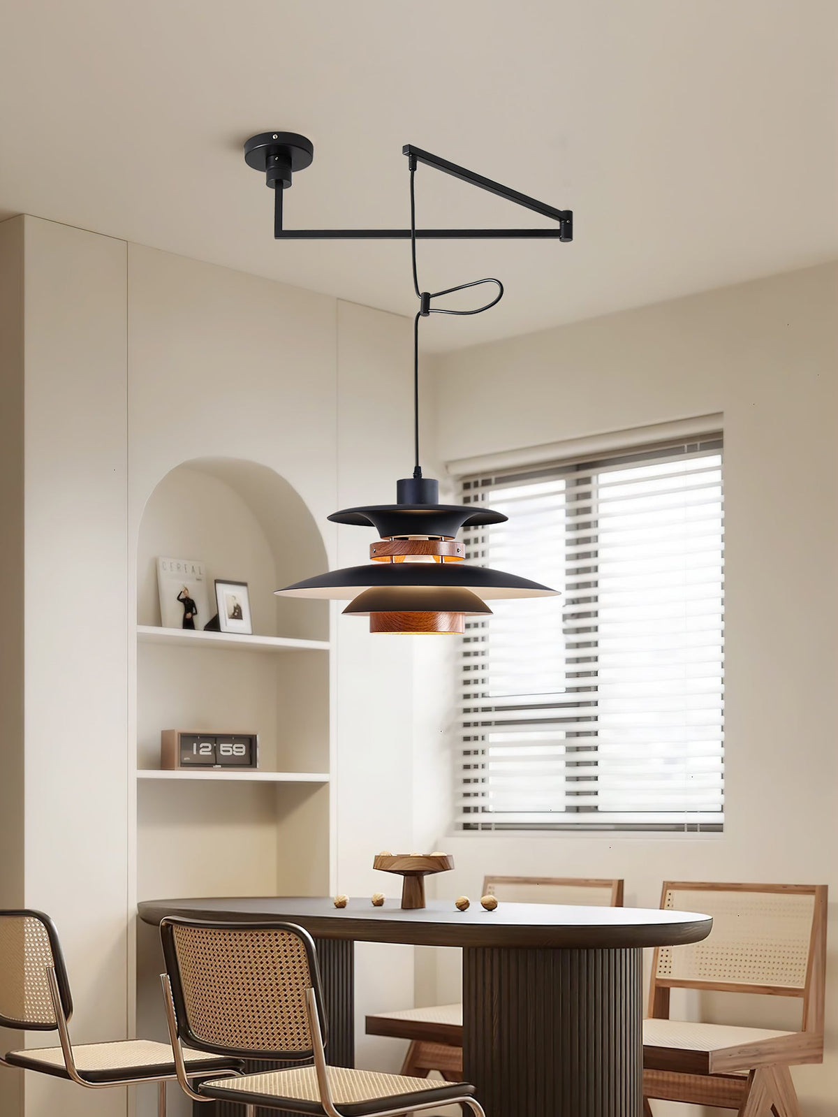 Mercero Swing Arm Pendant Light with Four Shades in Walnut