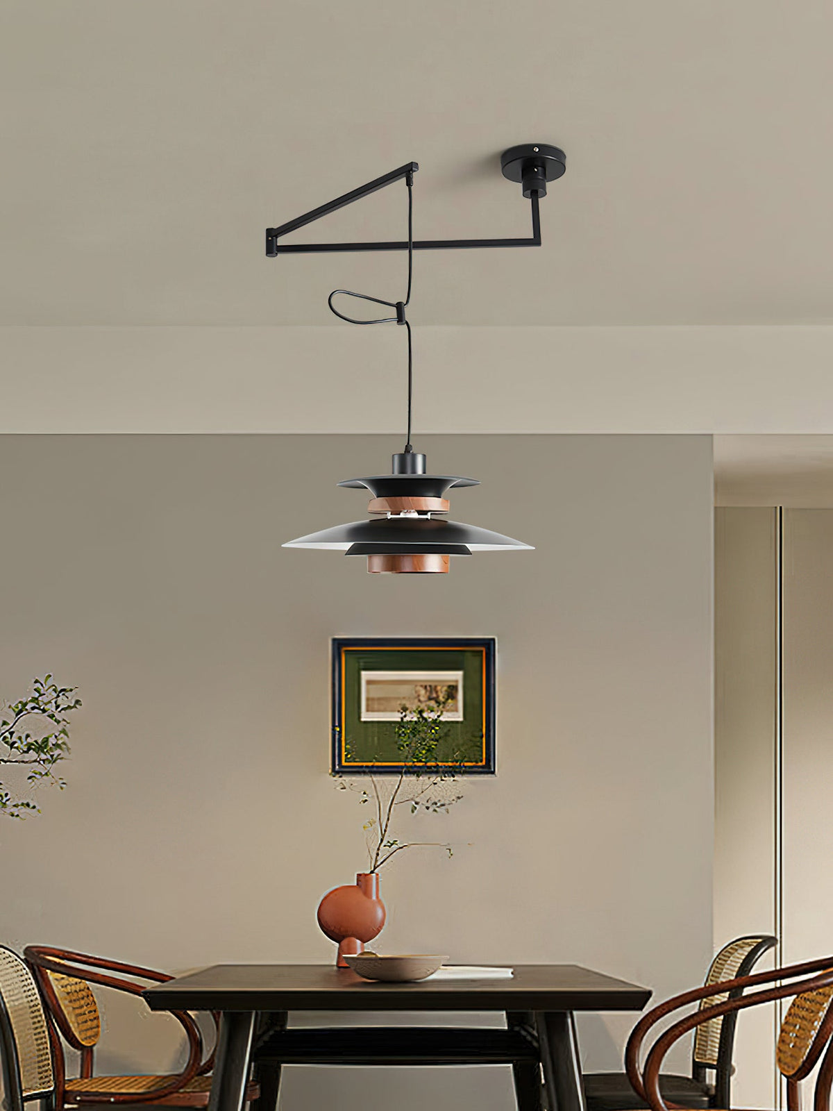 Mercero Swing Arm Pendant Light with Four Shades in Walnut