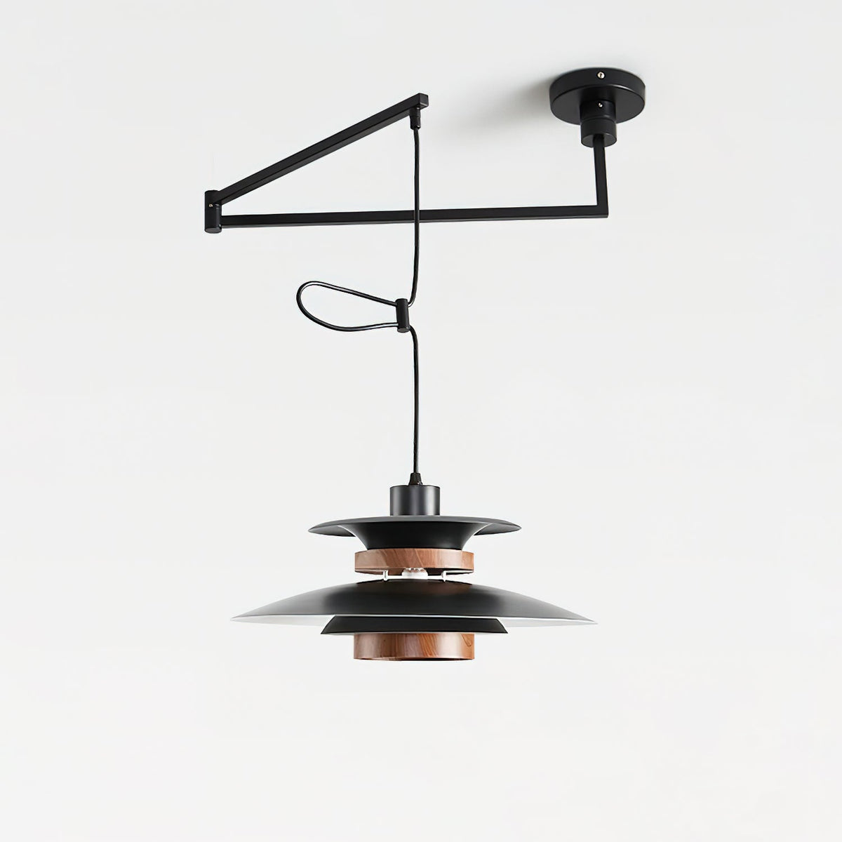 Mercero Swing Arm Pendant Light with Four Shades in Walnut
