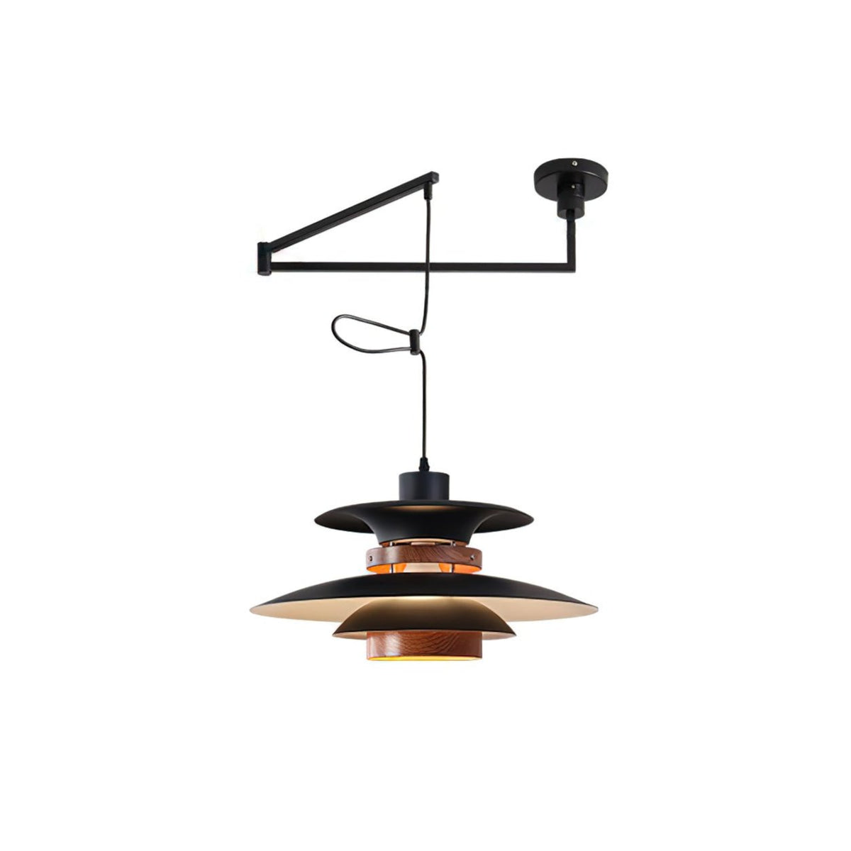Mercero Swing Arm Pendant Light with Four Shades in Walnut