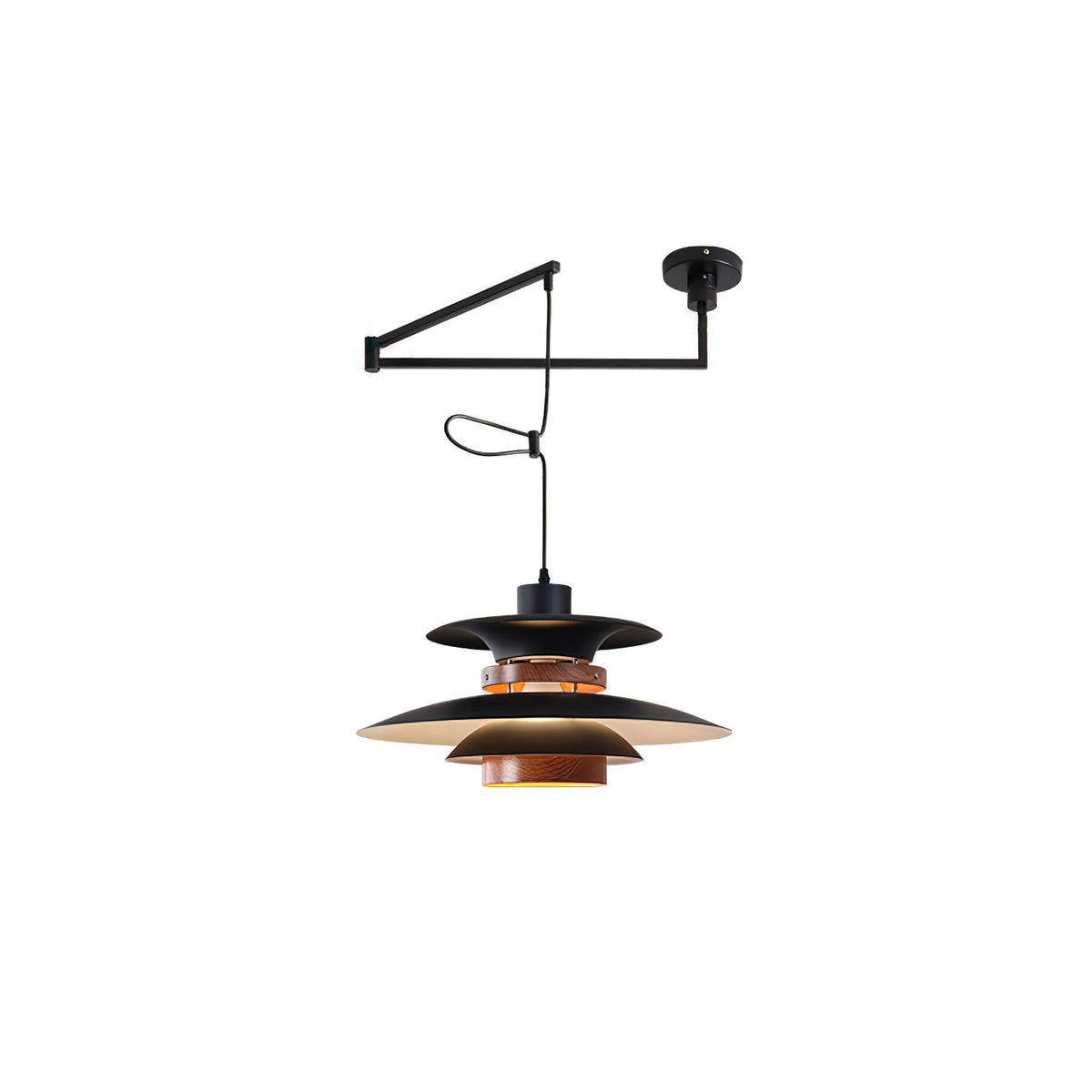 Mercero Swing Arm Pendant Light with Four Shades in Walnut