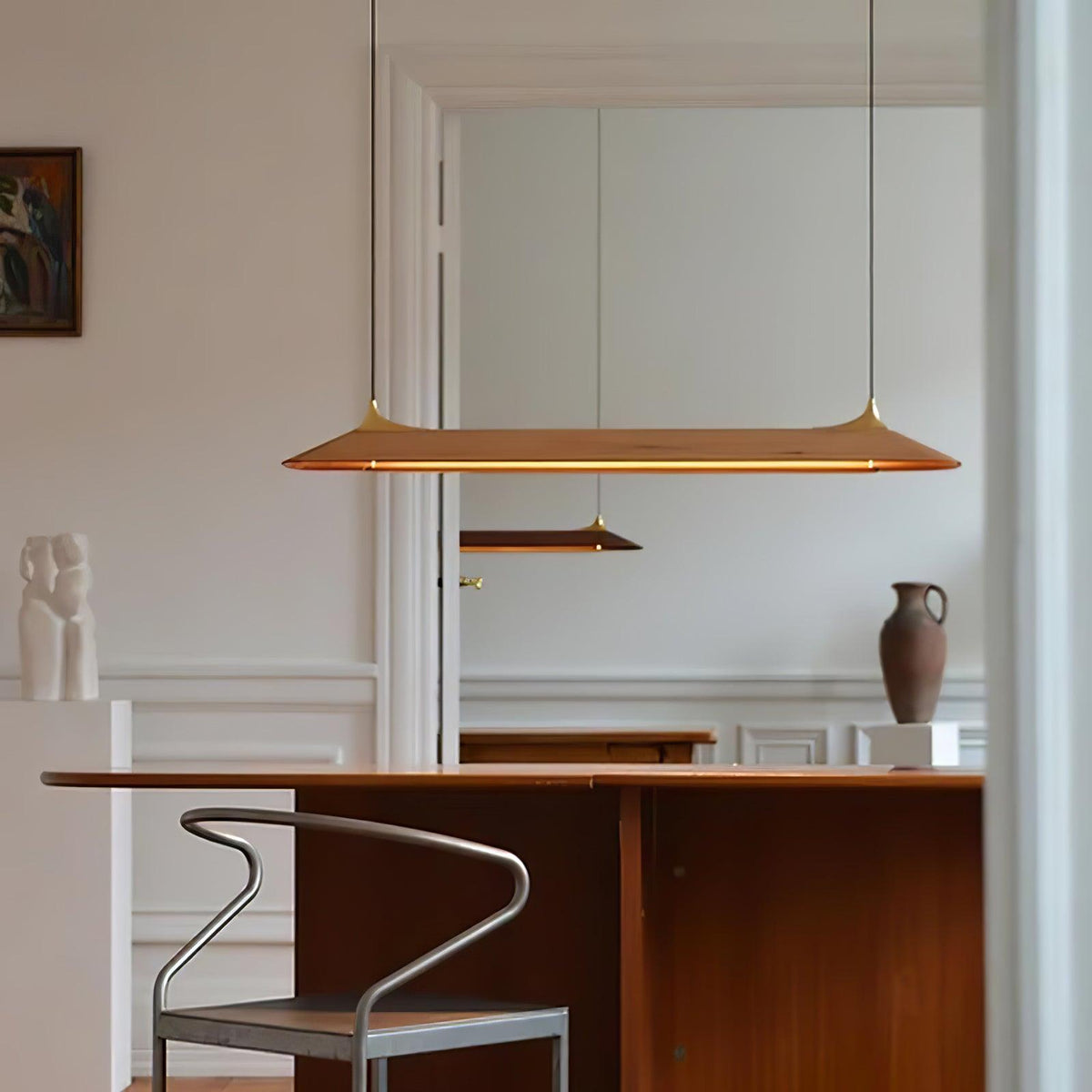 Mernoe Wooden Linear Chandelier with Brass Accents for Modern Interiors