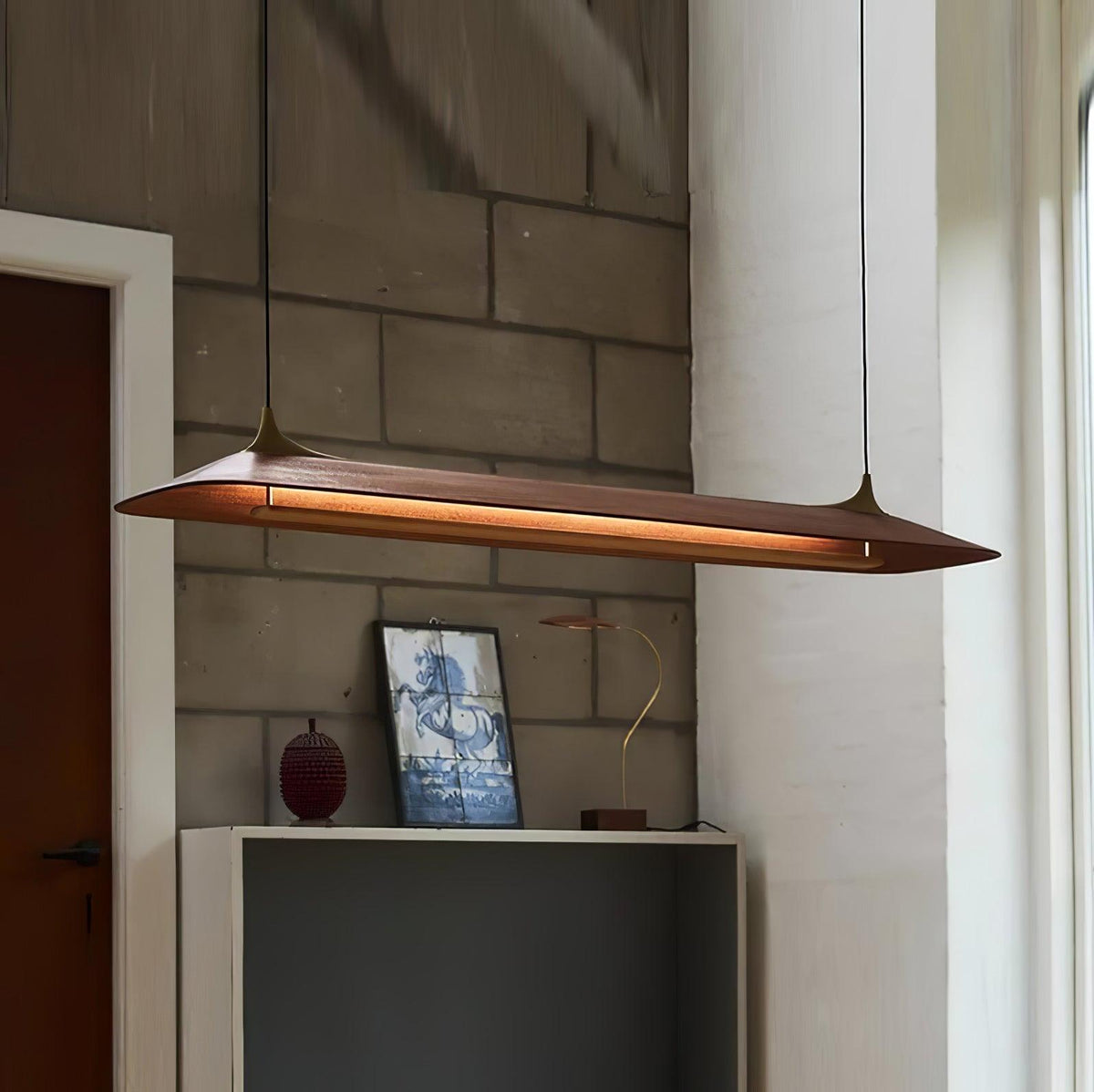 Mernoe Wooden Linear Chandelier with Brass Accents for Modern Interiors
