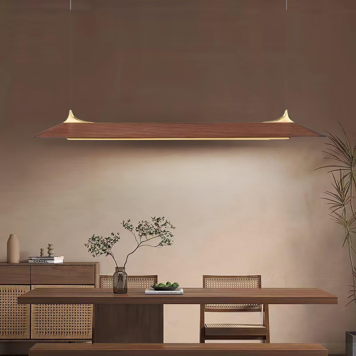 Mernoe Wooden Linear Chandelier with Brass Accents for Modern Interiors