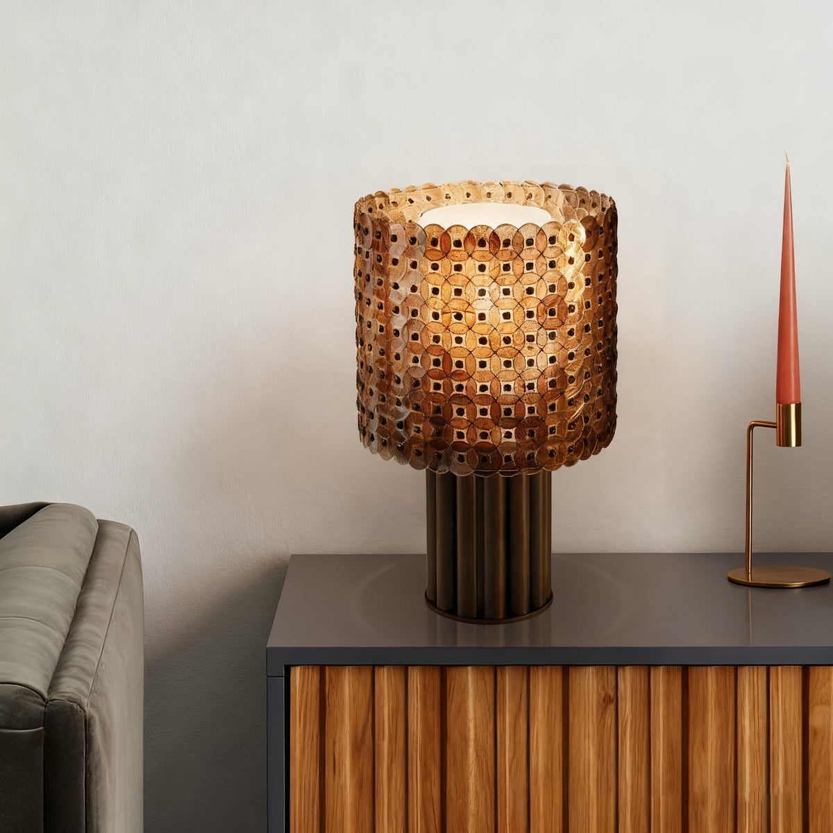 Mica Disc Lattice Table Lamp – Artisan Bronze & Amber Glow