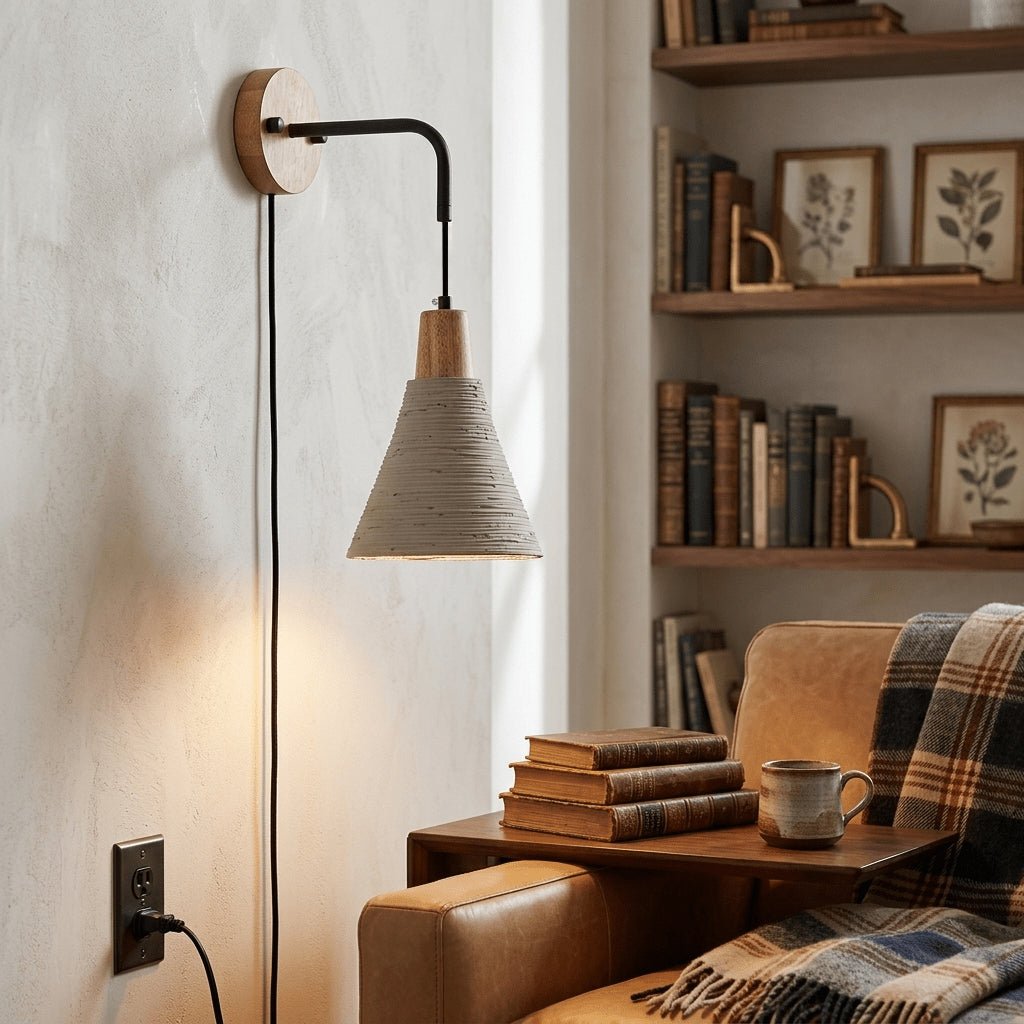 Microcement Plug-In Wall Sconce with Wood Mount
