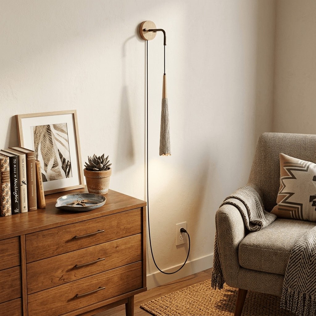 Microcement Plug-In Wall Sconce with Wood Mount