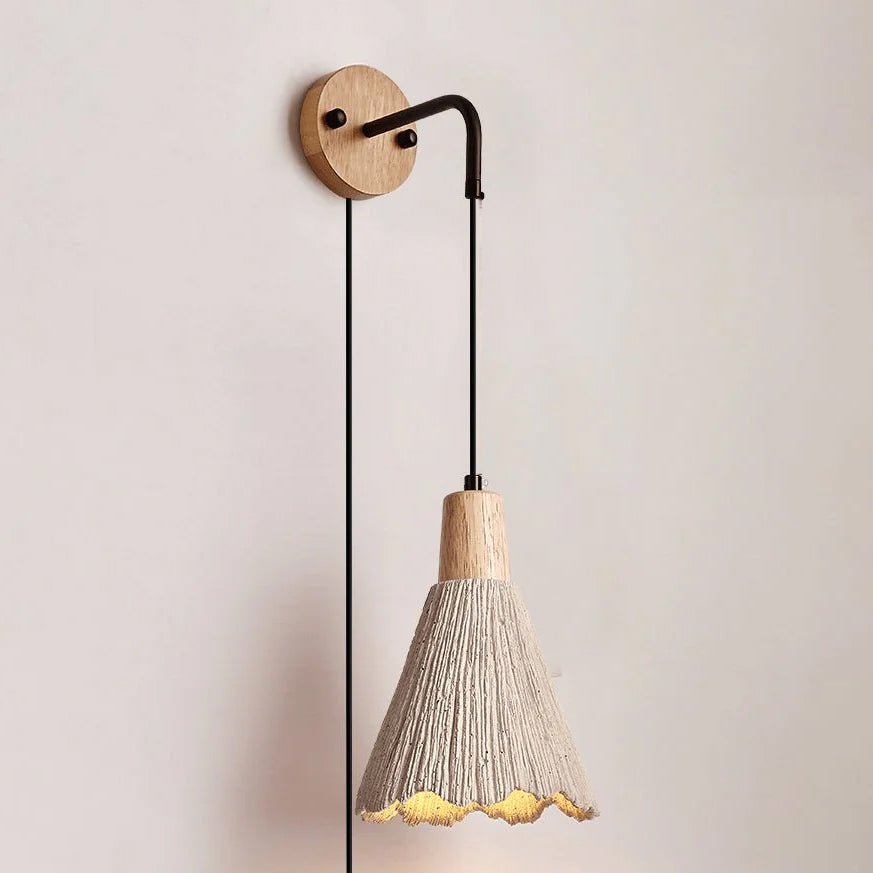 Microcement Plug-In Wall Sconce with Wood Mount