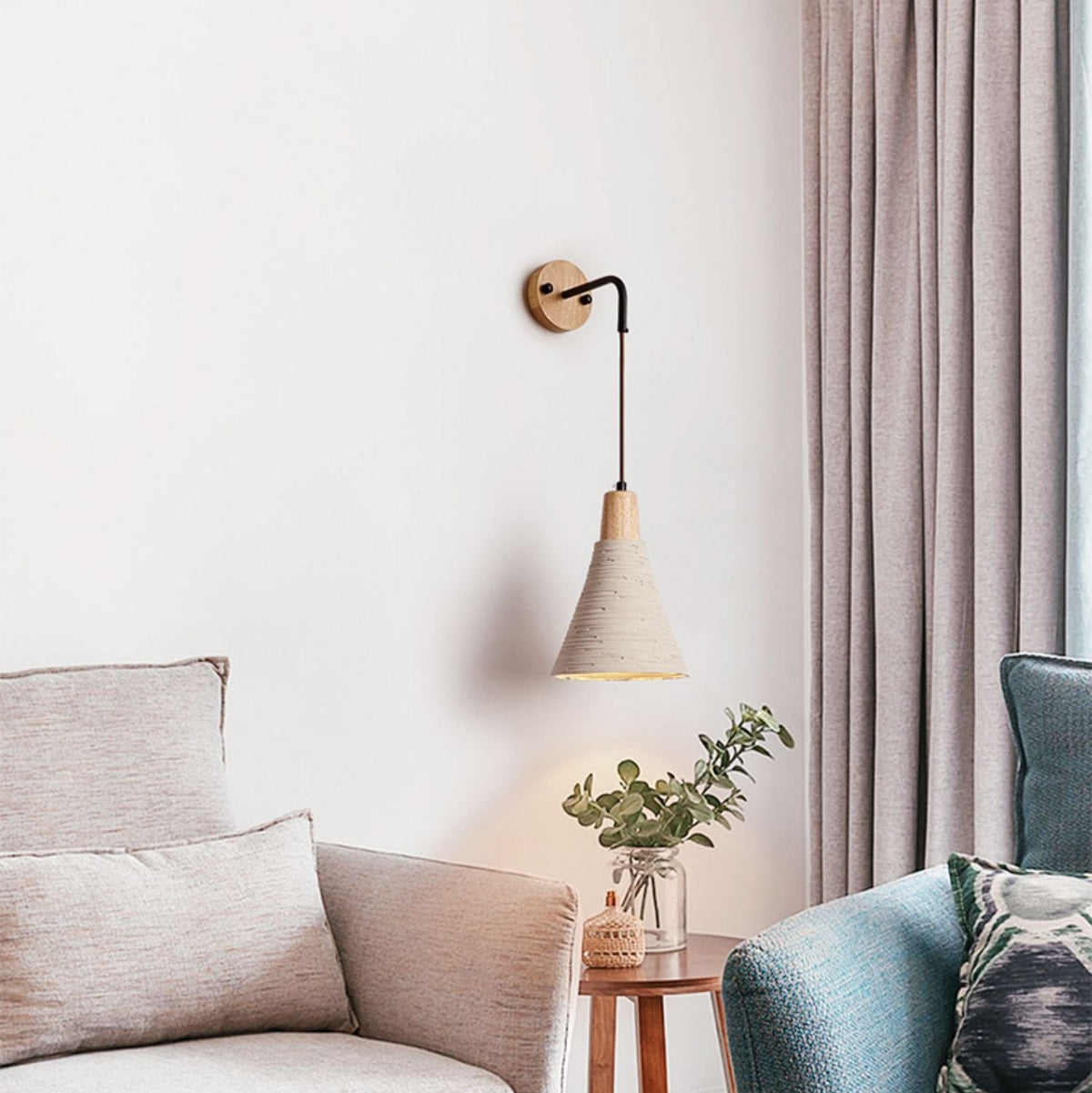 Artisan Microcement Wall Sconce with Wood Accent – Modern Minimalist Lighting