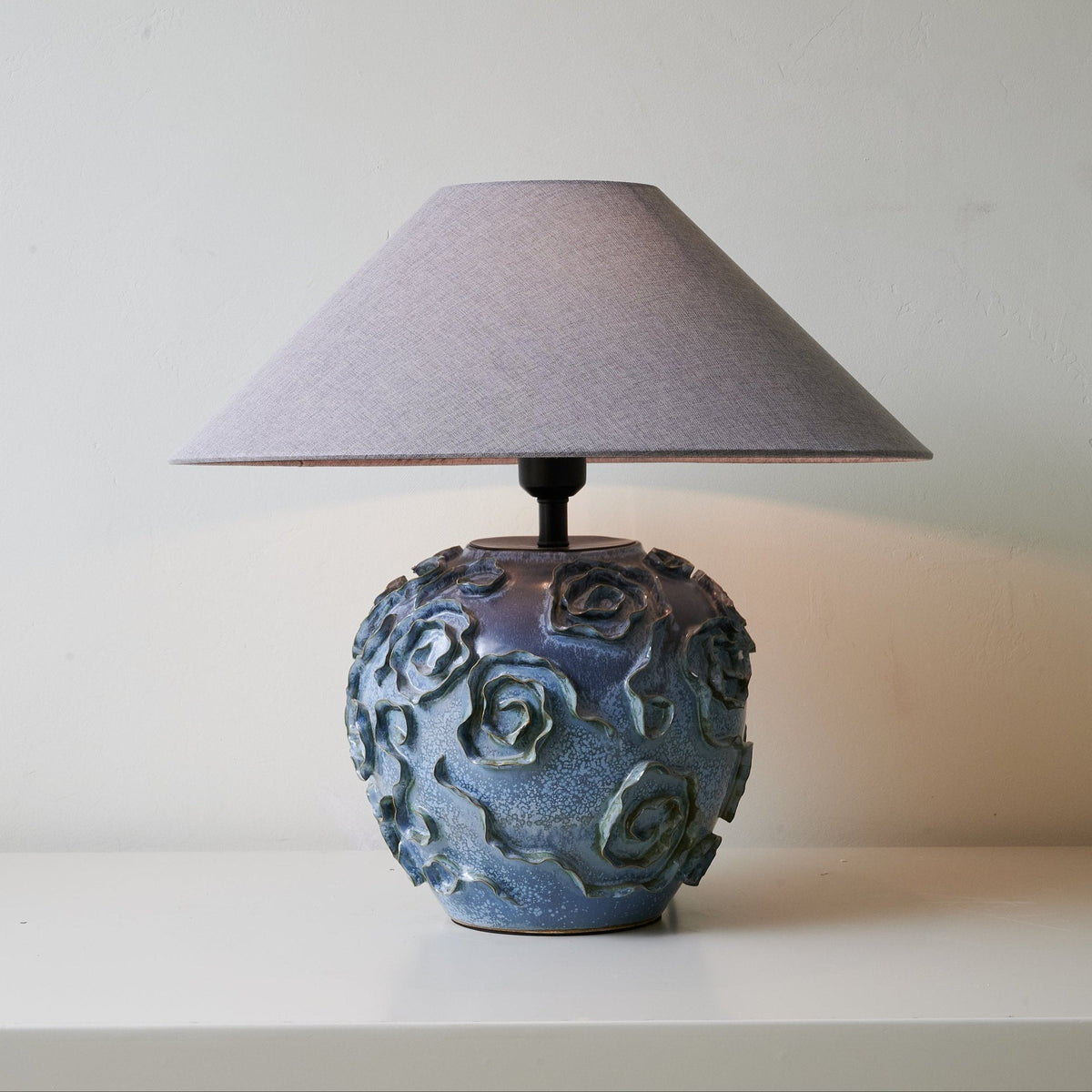 Midnight Rose Ceramic Table Lamp with Linen Shade for Bedroom and Living Room