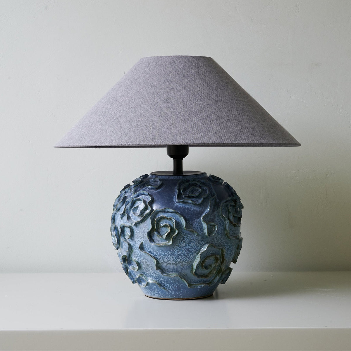 Midnight Rose Ceramic Table Lamp with Linen Shade for Bedroom and Living Room
