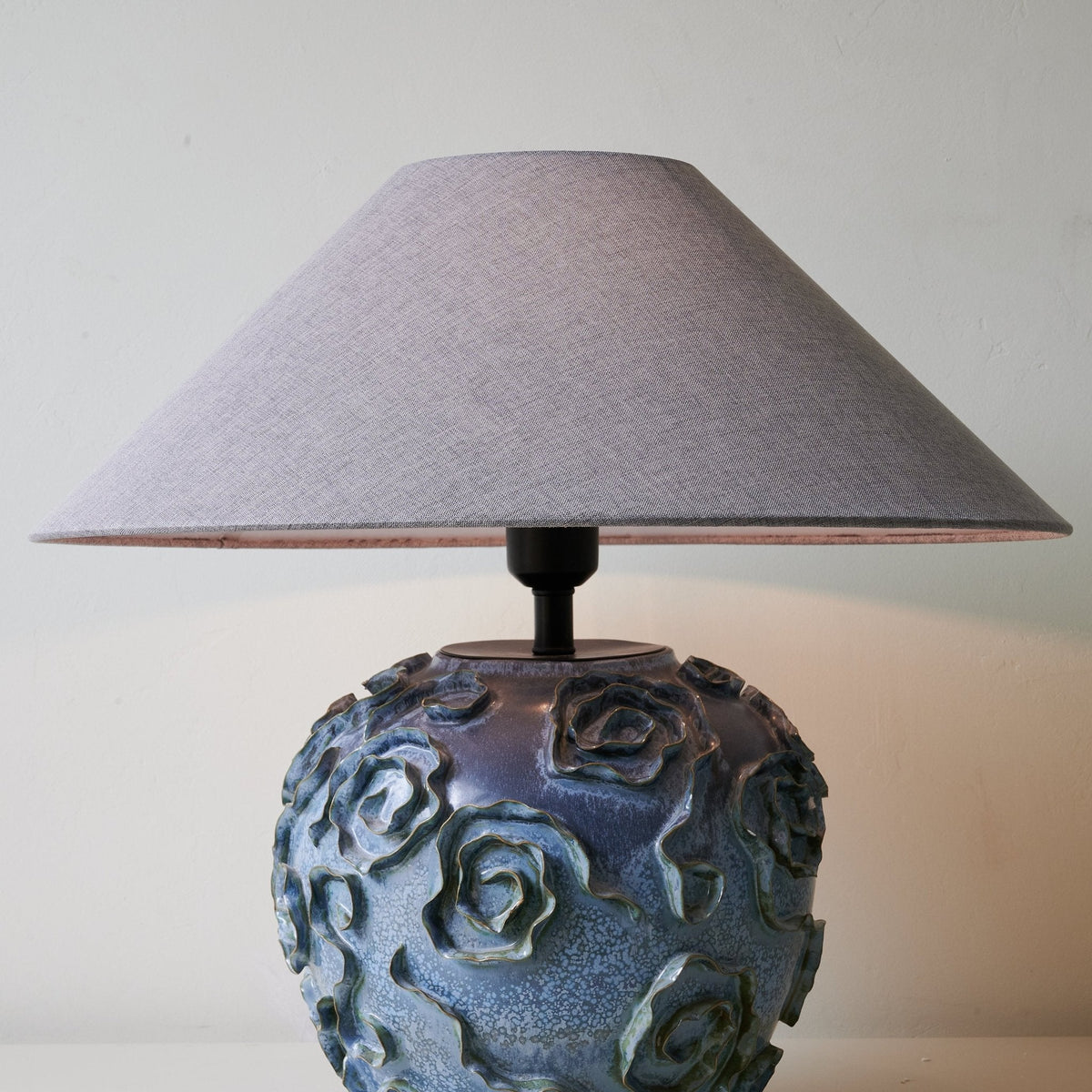 Midnight Rose Ceramic Table Lamp with Linen Shade for Bedroom and Living Room