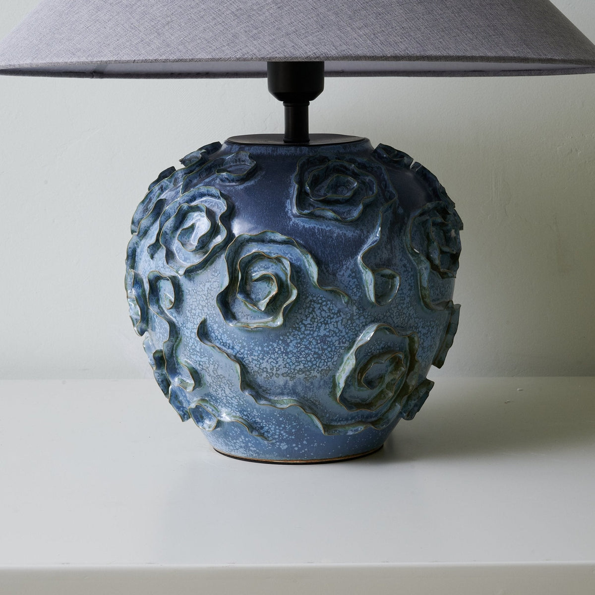 Midnight Rose Ceramic Table Lamp with Linen Shade for Bedroom and Living Room