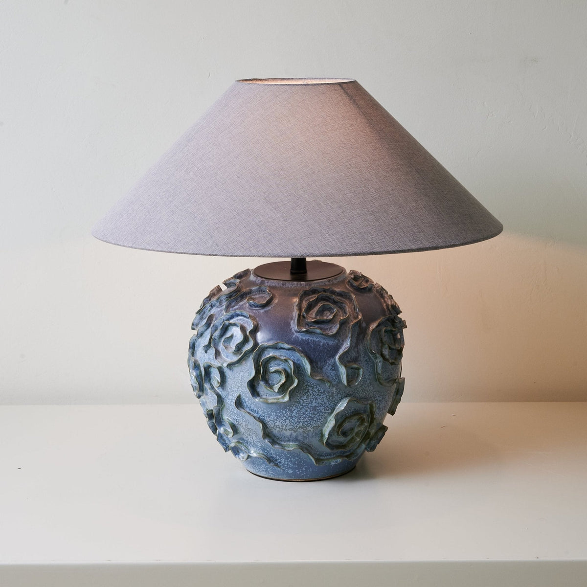 Midnight Rose Ceramic Table Lamp with Linen Shade for Bedroom and Living Room