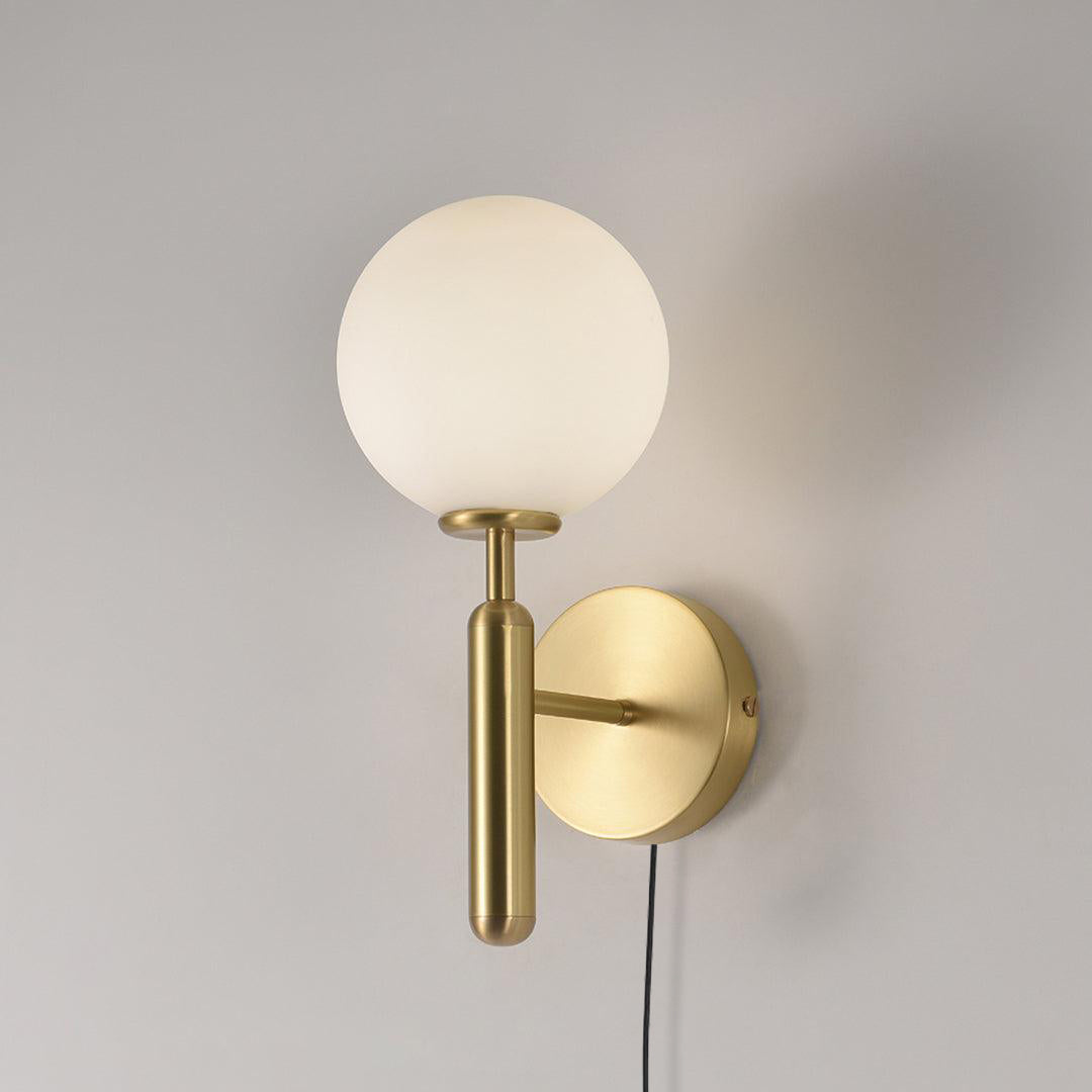 Nordica Plug-In Wall Sconce in Brass and Glass, Modern Nordic Bedroom Lamp