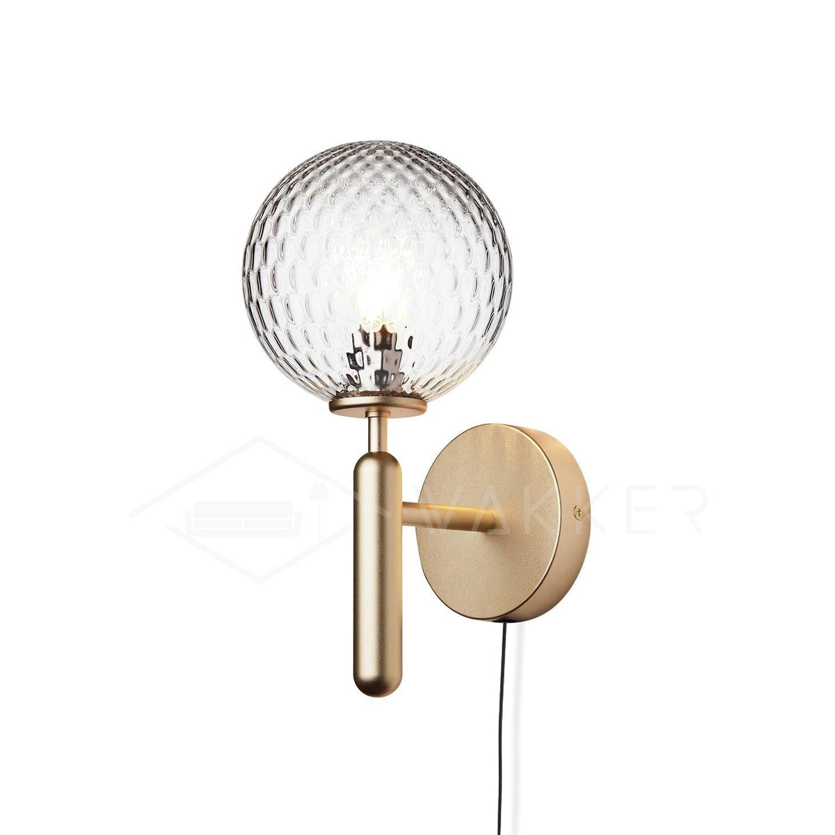 Nordica Plug-In Wall Sconce in Brass and Glass, Modern Nordic Bedroom Lamp