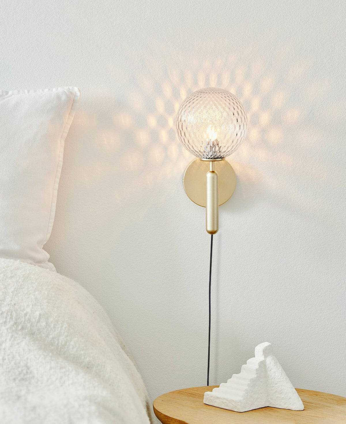 Nordica Plug-In Wall Sconce in Brass and Glass, Modern Nordic Bedroom Lamp