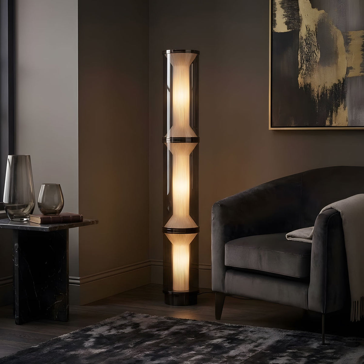 Miles Floor Lamp – Hand-Blown Glass Column Light in Copper or Pearl Black