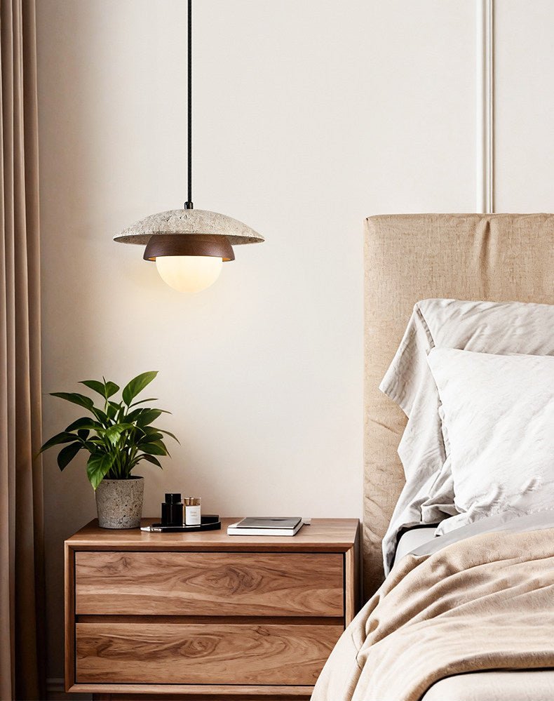 Milo Travertine Pendant Light – Natural Stone & Wood Hanging Lamp