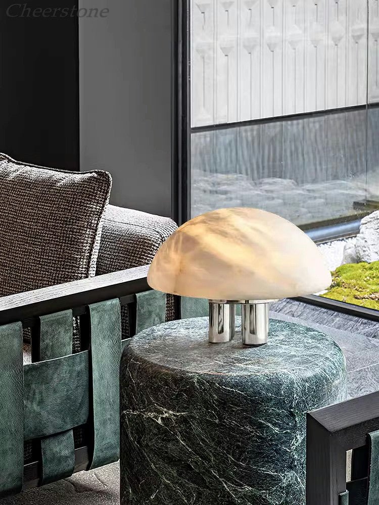 Mira Alabaster Mushroom Table Lamp – Natural Stone & Polished Steel