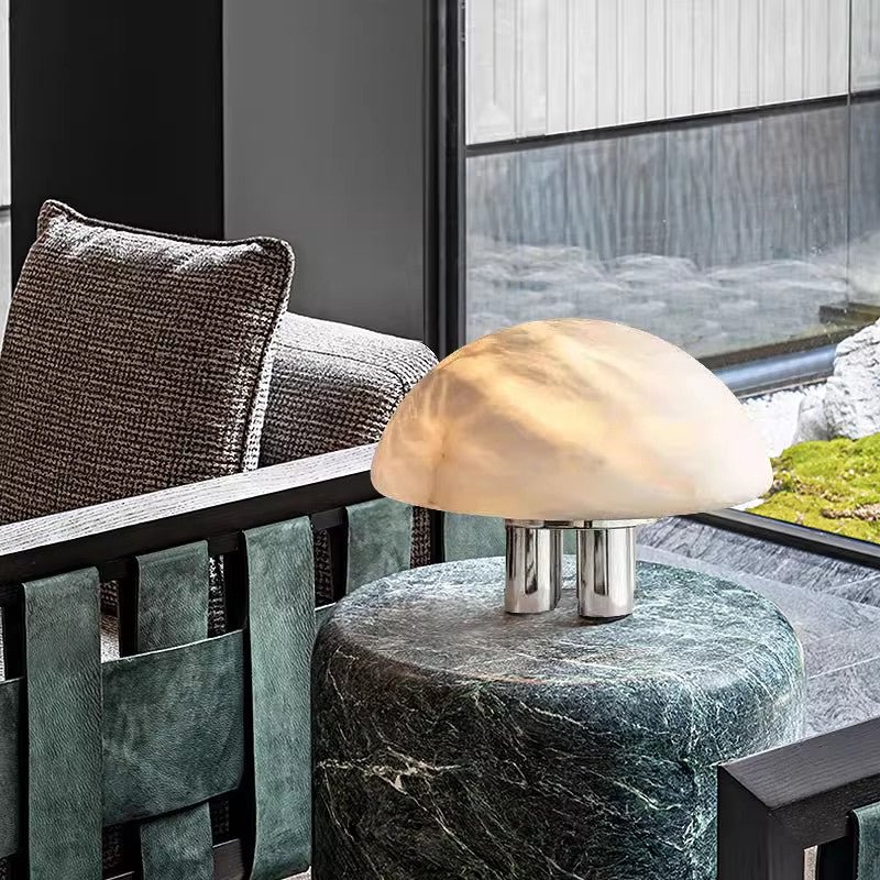 Mira Alabaster Mushroom Table Lamp – Natural Stone & Polished Steel