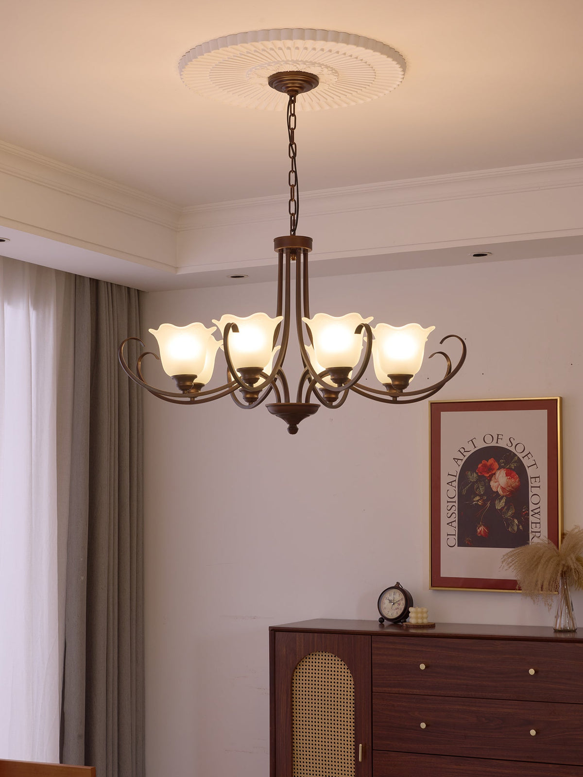 Mireille Floral Chandelier – Vintage-Inspired Glass and Bronze Pendant Light