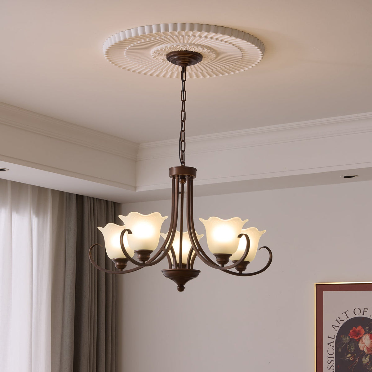 Mireille Floral Chandelier – Vintage-Inspired Glass and Bronze Pendant Light
