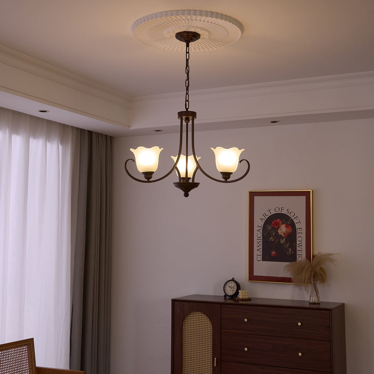 Mireille Floral Chandelier – Vintage-Inspired Glass and Bronze Pendant Light