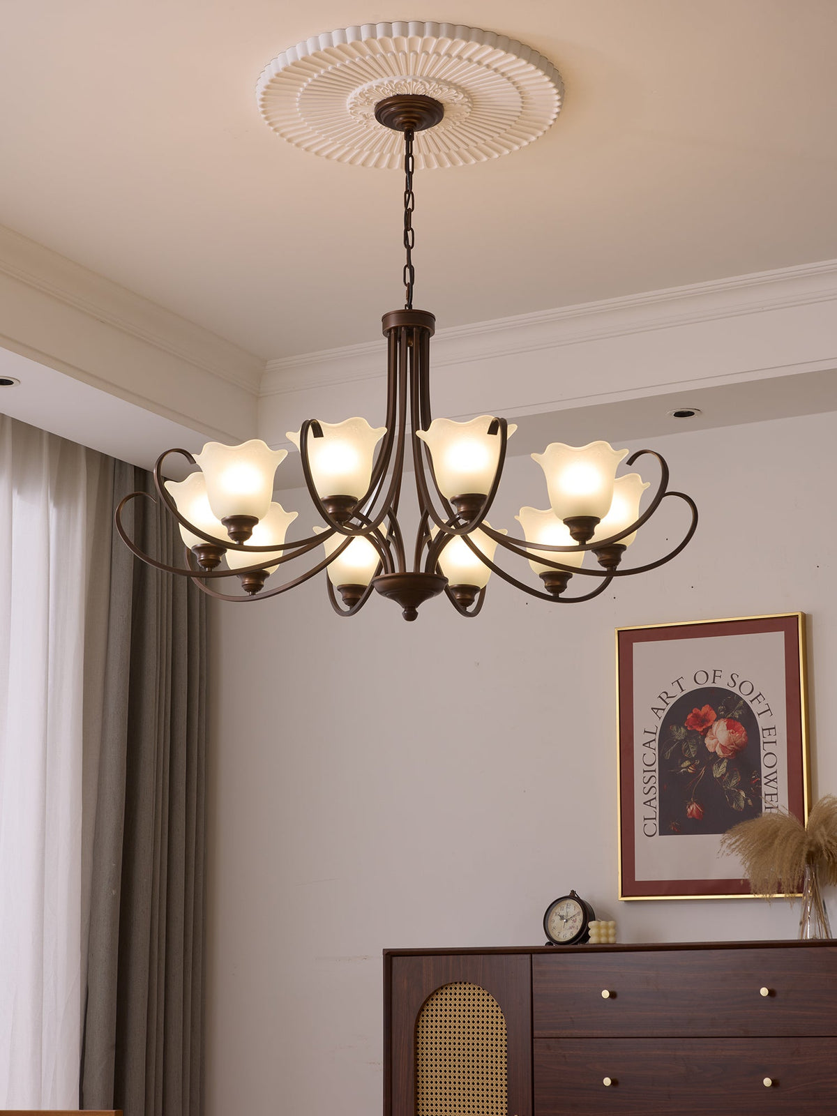 Mireille Floral Chandelier – Vintage-Inspired Glass and Bronze Pendant Light