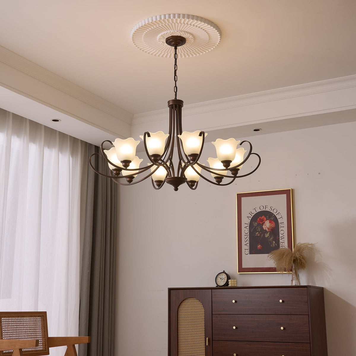 Mireille Floral Chandelier – Vintage-Inspired Glass and Bronze Pendant Light
