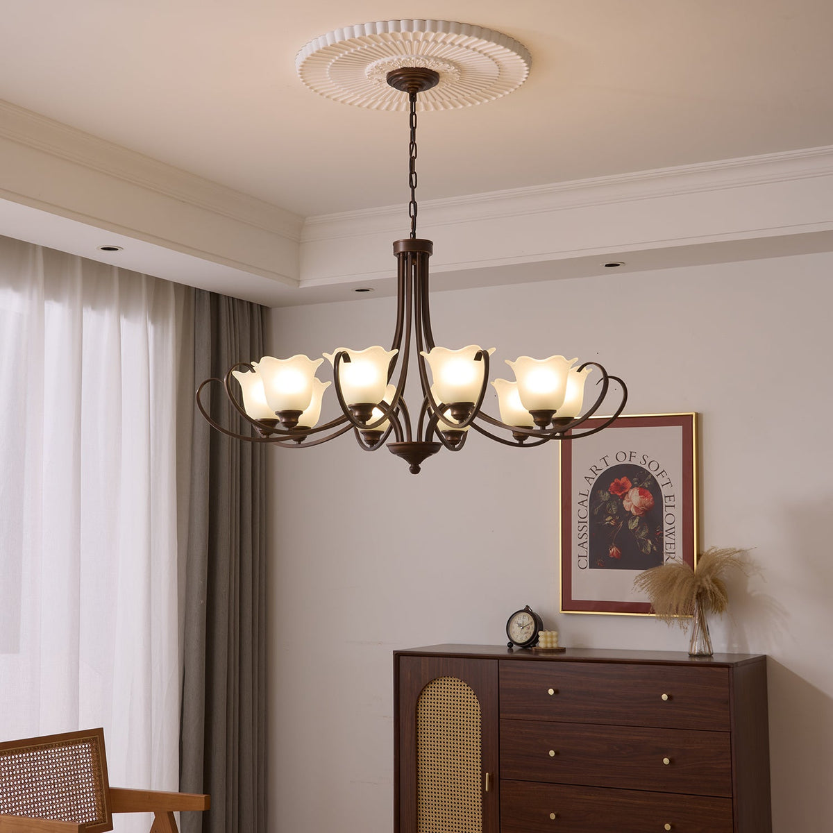 Mireille Floral Chandelier – Vintage-Inspired Glass and Bronze Pendant Light