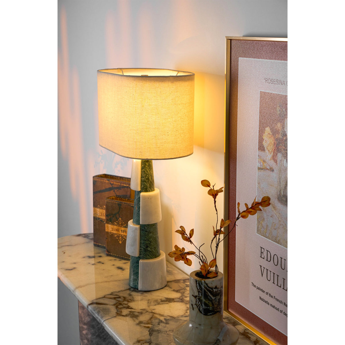 Duomo Marble Table Lamp – Sculptural Stone Base with Fabric Shade