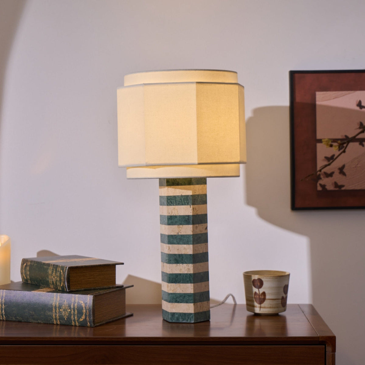 Modari Striped Stone Table Lamp – Travertine & Marble Sculptural Accent Light